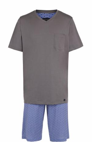 Хлопковая пижама с шортами Hanro. Цвет: синий