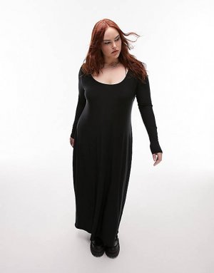 Черное супермягкое приталенное платье миди с длинными рукавами Curve Topshop