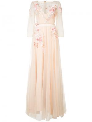 Длинное платье с цветочной вышивкой Marchesa Notte. Цвет: нейтральные цвета