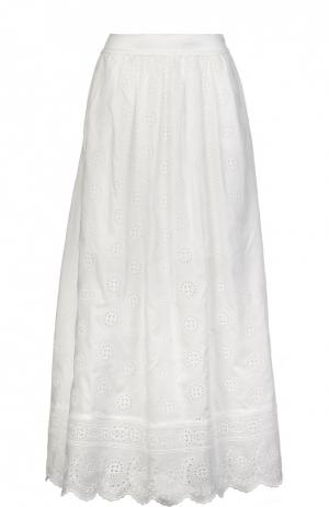 Хлопковая юбка макси с вышивкой и широким поясом Blugirl. Цвет: белый