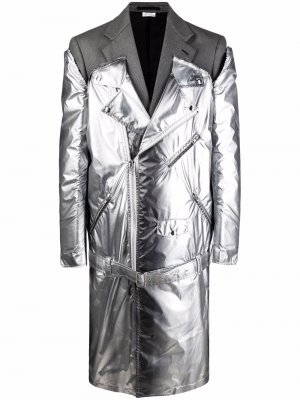 Однобортное пальто со вставками Comme Des Garçons Homme Plus. Цвет: серебристый