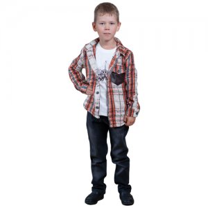 Комплект одежды для мальчика теплая рубашка в клетку, футболка с длинным рукавом, брюки-джинсы, LEMON, рамер 92/98 Lemon. Цвет: зеленый/белый/бежевый