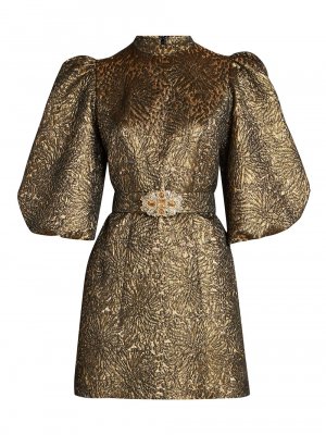 Жаккардовое мини-платье с пышными рукавами и поясом , золотой ANDREW GN