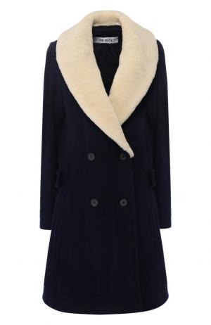 Двубортное шерстяное пальто с меховым воротником J.W. Anderson. Цвет: темно-синий