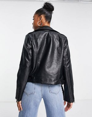 Черная байкерская куртка премиум-класса из полиуретана с поясом New Look