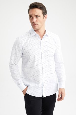 Рубашка из 100% хлопка с длинным рукавом и итальянским воротником современного кроя принтом , белый DeFacto