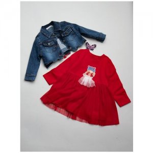 Платье и джинсовое болеро; 80 Baby Rose. Цвет: красный