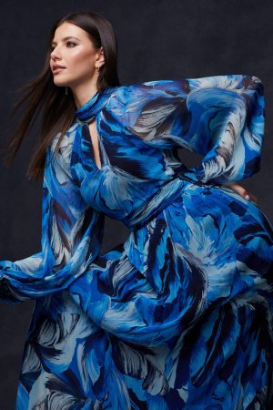 Платье миди с перьями и завязкой на спине , синий Wallis