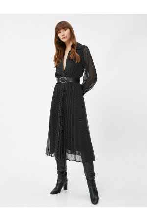 Шифоновое платье-миди в горошек с поясом и длинными рукавами на пуговицах , черный Koton