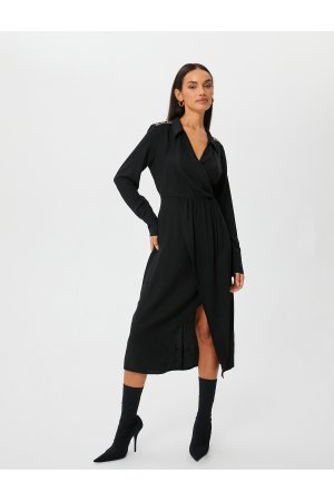 Платье-рубашка миди с запахом и длинным рукавом разрезом вышивкой , черный Koton