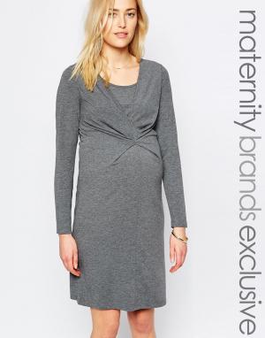 Трикотажное платье для беременных с длинными рукавами и сборкой сперед Mama.licious. Цвет: серый