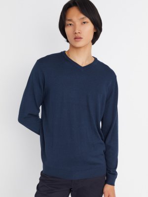 Шерстяной трикотажный пуловер с треугольным вырезом и длинным рукавом zolla. Цвет: синий