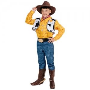 Костюм Ковбой Вуди для мальчика Пуговка 32 (122 см) (рубашка, джинсы, пояс, жилет, сапоги, платок и шляпа). Цвет: желтый/синий/коричневый