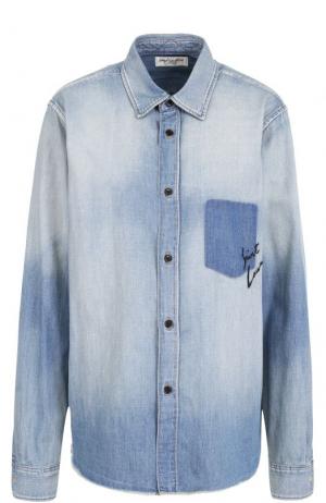 Джинсовая блуза прямого кроя с потертостями Saint Laurent. Цвет: голубой