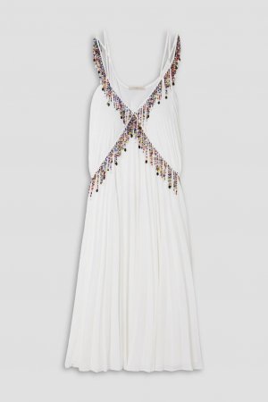 Плиссированное платье миди из жоржета, украшенное бисером, белый Christopher Kane
