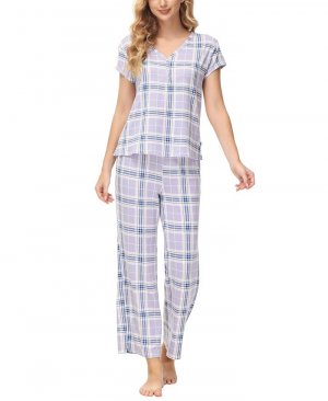 Женский пижамный комплект из двух предметов: топ на пуговицах с короткими рукавами и широкими брюками принтом , цвет Plaid Purple Echo