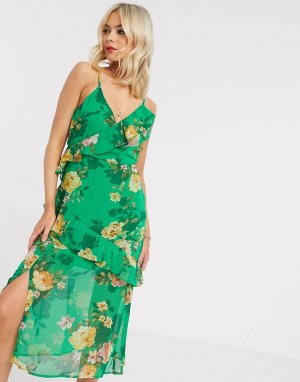 Зеленое платье миди с запахом и цветочным принтом -Зеленый цвет Gilli