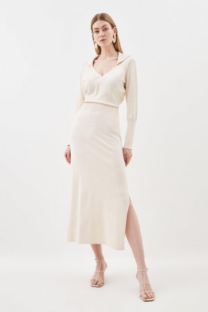 Миниатюрное вязаное платье мидакси с мягким воротником из вискозы и воротником-стойкой , белый Karen Millen