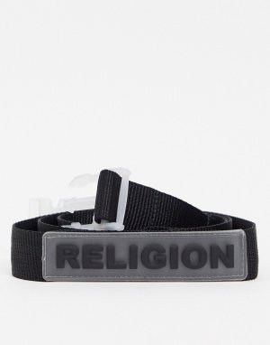 Черный ремень с прозрачной пряжкой и резиновым логотипом Religion