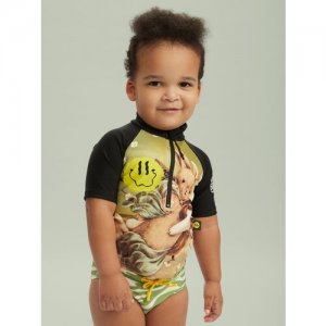 50661, Футболка для плавания детская купальная, солнцезащитная, с рукавами, черная кроликами, размер 104-110 Happy Baby. Цвет: зеленый/черный/бежевый