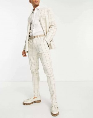 Узкие льняные костюмные брюки в клетку цвета экрю и коричневой сетки ASOS. Цвет: коричневый