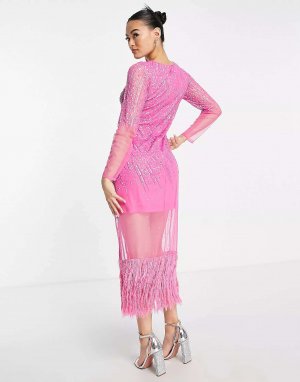 Ярко-розовое платье миди с пайетками и отделкой из искусственных перьев Starlet