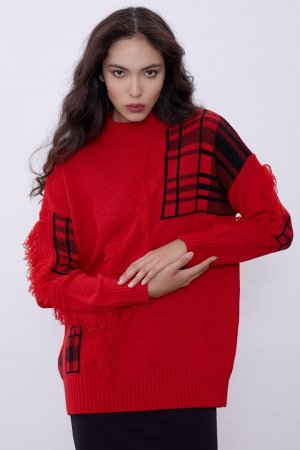 Красный вязаный свитер с полуводолазкой и кисточками SWK4363KR Sherin