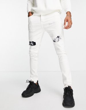 Белые зауженные джинсы с разрезами и заплатками принтом тай-дай черного цвета -Белый Sixth June