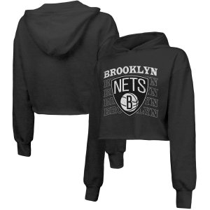 Женский укороченный пуловер из трех смесей с капюшоном, черный Brooklyn Nets повторяющимся узором Threads Majestic