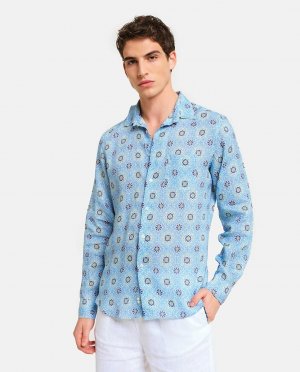 Классическая мужская льняная рубашка с голубым принтом , светло-синий PENINSULA