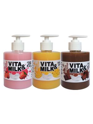 Жидкое мыло в наборе, ароматы: Банан, Клубника, Шоколад VITA-MILK. Цвет: салатовый, розовый