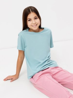 Однотонная хлопковая футболка голубого цвета для девочек Mark Formelle. Цвет: мятный