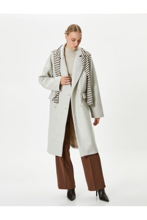 Кашемировое пальто оверсайз, двубортное, на пуговицах, с карманами клапанами, экрю Koton
