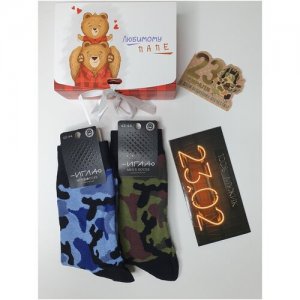 Подарочный набор мужских носков Номер один, камуфляж, размер 42-44, комплект 2 штуки + коробка конверт для денег мини открытка Игла. Цвет: хаки