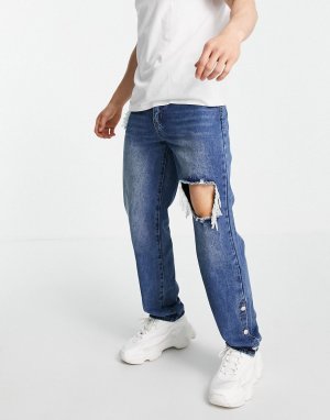 Свободные джинсы винтажного синего цвета со рваной отделкой и кнопками по краю -Голубой Mennace