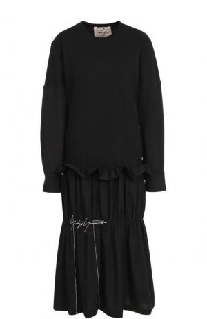 Платье-миди с длинным рукавом и драпировкой Yohji Yamamoto. Цвет: черный