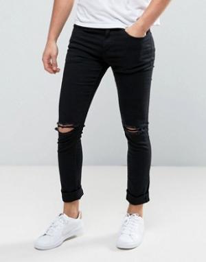 Черные зауженные джинсы с рваной отделкой на коленях New Look. Цвет: черный