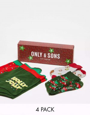 Рождественский адвент-календарь из 4 трусов и носков Only & Sons
