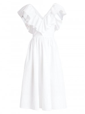 Жаккардовое платье-миди с V-образным вырезом и оборками , белый Chloé