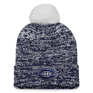 Женская темно-синяя блестящая вязаная шапка с манжетами и помпоном фирменным логотипом Montreal Canadiens Fanatics