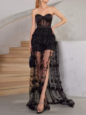 Belle Женское элегантное сетчатое трехмерное вечернее платье с А-образным вырезом и высоким разрезом цветочным принтом, черный SHEIN