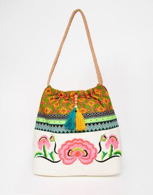 Пляжная сумка с цветочной вышивкой Glamorous. Цвет: мульти