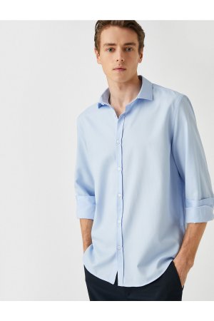 Базовая рубашка Классический воротник с манжетами Длинный рукав Приталенный крой Без железа , синий Koton