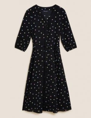 Платье миди в горошек с кружевной вставкой и поясом, Marks&Spencer Marks & Spencer. Цвет: черный микс