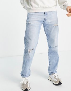 Светло-голубые выбеленные прямые джинсы с рваными разрезами Levis 501-Голубой Levi's