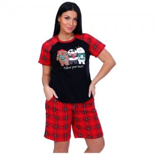 Женский домашний костюм/ пижама (футболка+ шорты) с новогодним принтом, размер 48 Натали. Цвет: красный