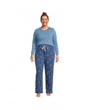 Женский трикотажный пижамный комплект больших размеров, футболка с длинными рукавами и брюки Lands' End, цвет Evening blue starry night cow Lands' End