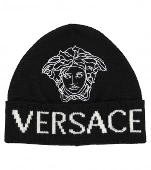 Жаккардовая шерстяная шапка с логотипом , черный Versace Kids