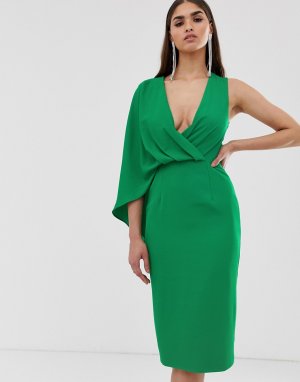 Зеленое платье миди на одно плечо с кейпом Lavish Alice. Цвет: зеленый