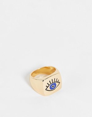 Золотистое массивное кольцо с «третьим глазом» синего цвета -Золотистый DesignB London